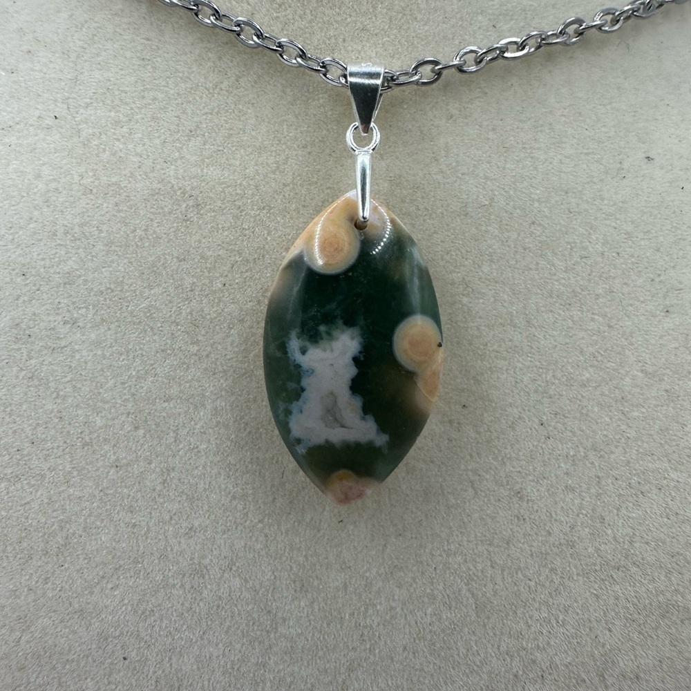 Eye Shaped Ocean Jasper Pendant on Stainless Steel Chain - Picture 2 of 9